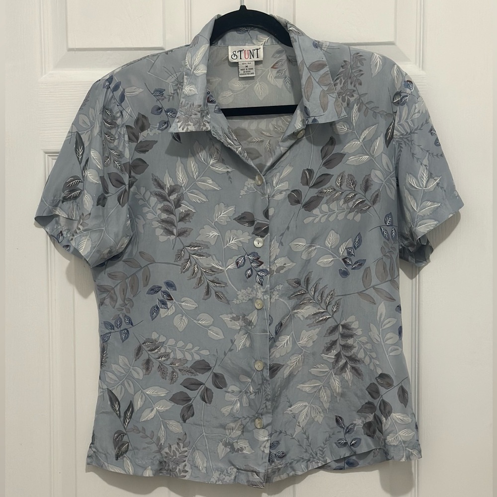 100% Silk Short Sleeves Silver Gray Leaves Blouse